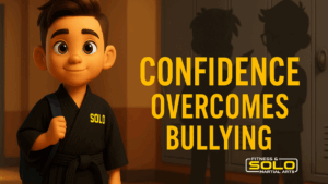 A confident child in a school hallway showing strength and calm despite shadowy figures whispering, hidden signs of bullying in children.